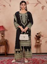 Pure Chinnon Black Wedding Wear Embroidery Work Readymade Plazzo Suit